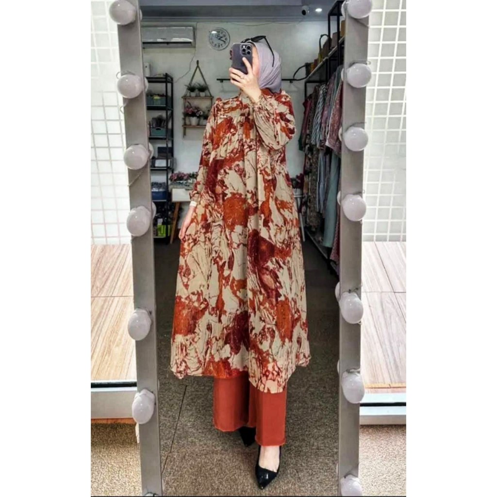 PROMO TERBARU New Oneset Long Tunik Plisket Kamila Setelan Tunik Panjang Wanita Oneset Jumbo Lengan