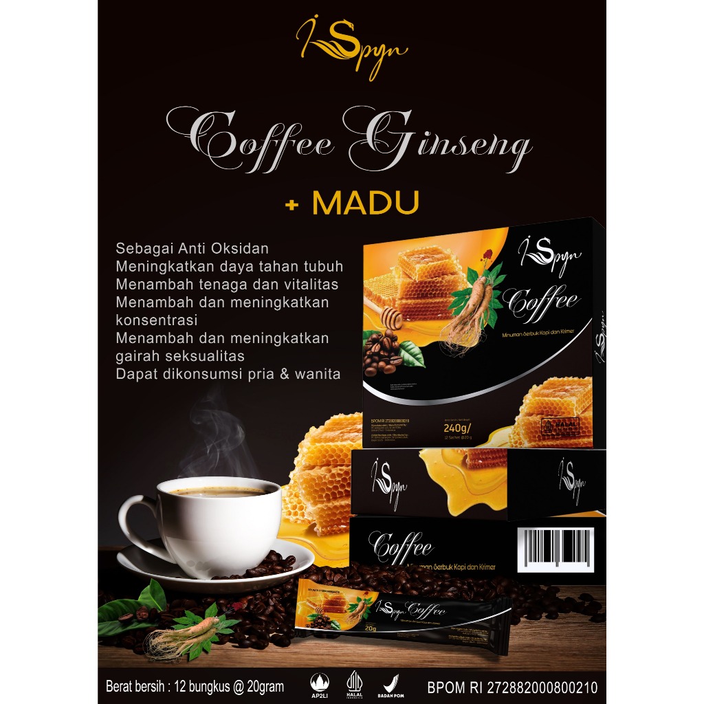 

ISPYN Coffee Ginseng Madu 1 Box Isi 12 Sachet | Kopi Ginseng ISPYN