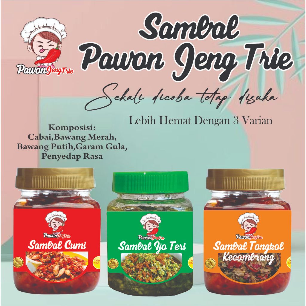 

Paket hemat 3 botol, Sambal Cumi Cabe Ijo Teri Tongkol Kecombrang Pedas