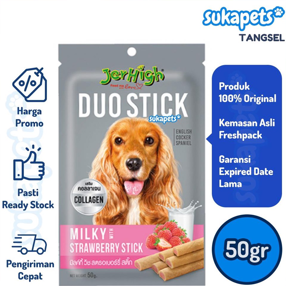 Grosir Terbaru  Jerhigh Duo Stick Milk Strawberry Snack Cemilan Anjing 5gr
