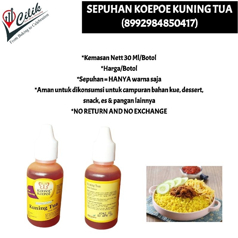 

sepuhan+color+cair+water+food grade+aman dikonsumsi+merk+koepoe+kupu+butterfly+warna+bahan+kue+adonan+roti+donat+makanan+masakan+cake+krim+buttercream+fondant+kuning tua+kuning telur