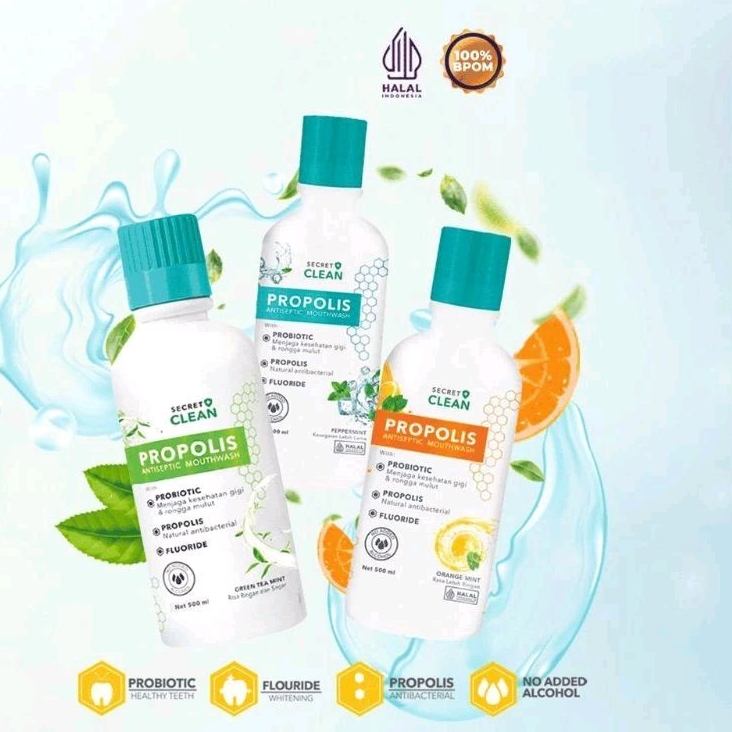 SECRET CLEAN Propolis Antiseptic Mouthwash 500ml - PaperMint / OrangeMint / Green Tea Mint - Obat Ku