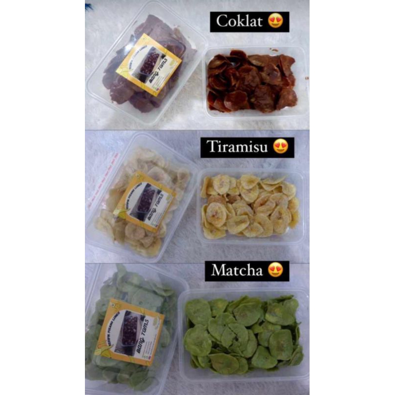 

Keripik pisang lumer cokelat greentea tiramisu