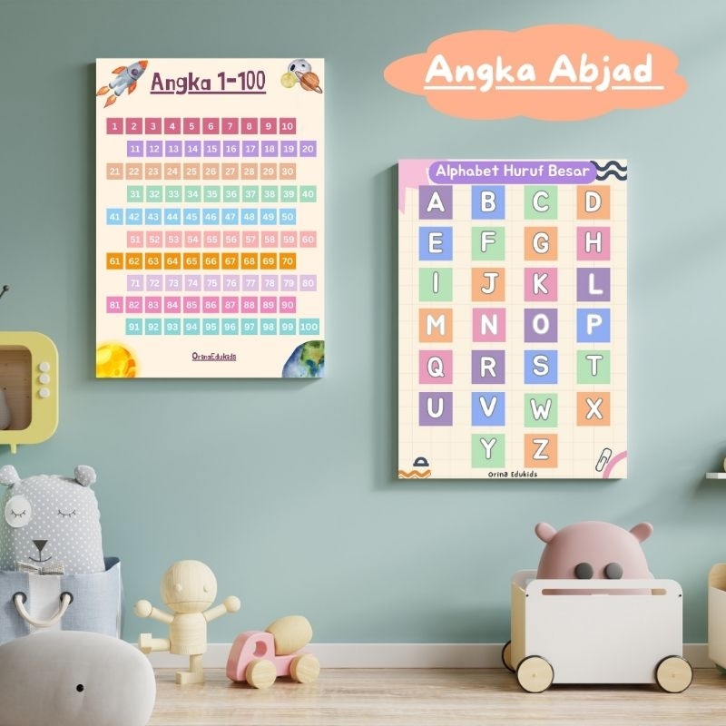 ORINAEDUKIDS Poster Edukasi Anak Design Aesthetic A3+ Kertas Putih Tebal Premium Series Abjad Dan An