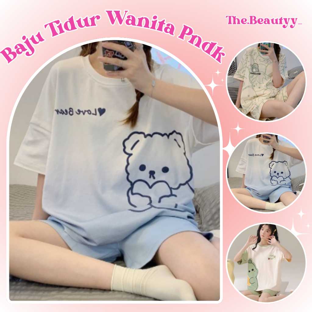 Baju Tidur Wanita Lengan Pendek & Celana Pendek Motif Kartun Bahan Kaos Katun