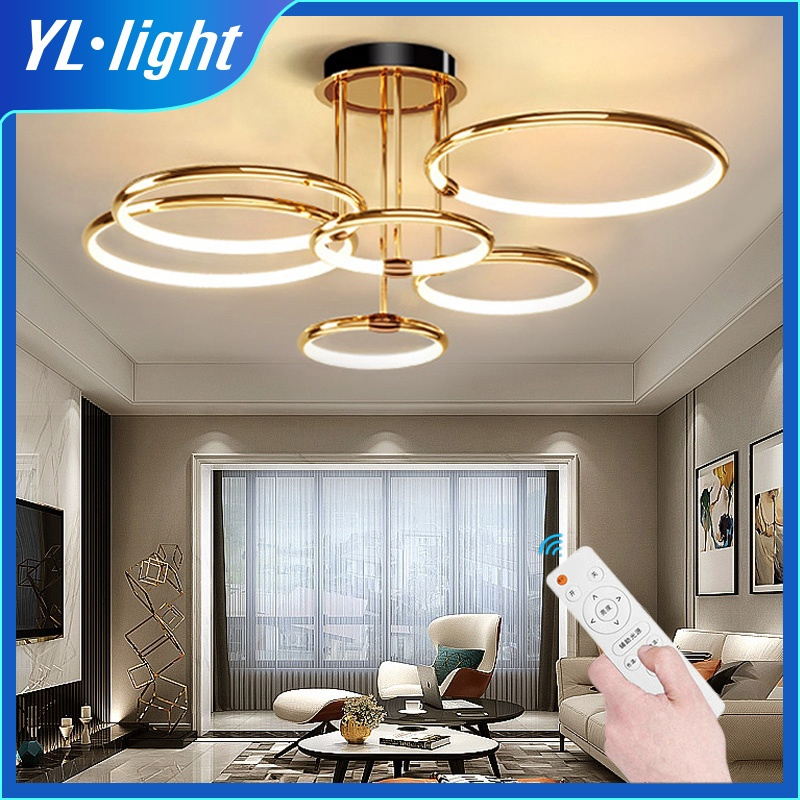 (Satu tahun jaminan) Lampu pendant kamar tidur emas LED ruang tamu lampu pendant bulat ruang makan l