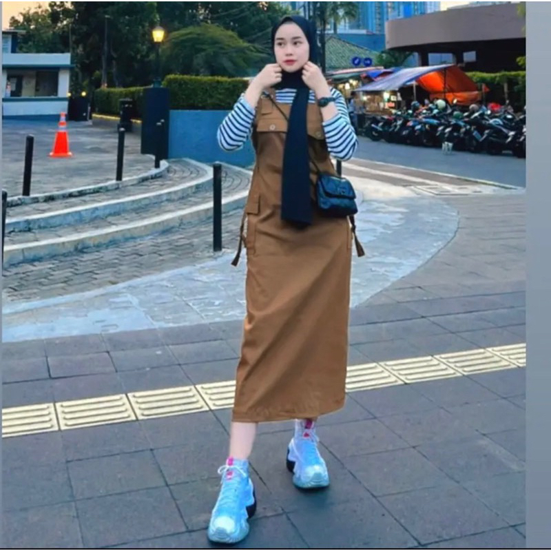 Bella Overall Rok Cargo Wanita Katun Premium Jumpsuit Rok Casual Overall Rok Trendi