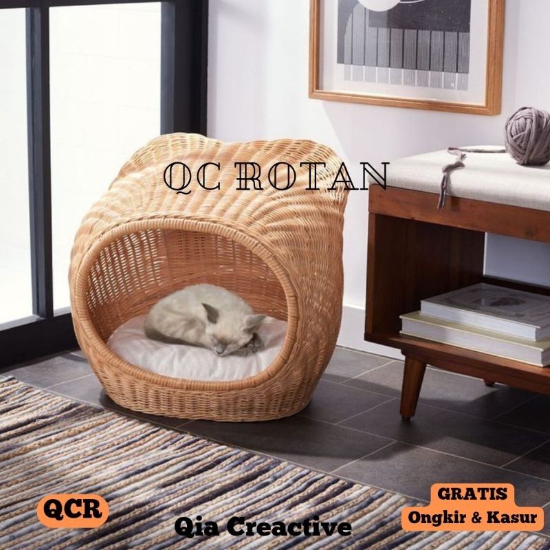RUMAH KUCING ROTAN MODEL TELINGA GRATIS KASUR/KANDANG RUMAH KUCING ANJING ROTAN/CAT HOUSE