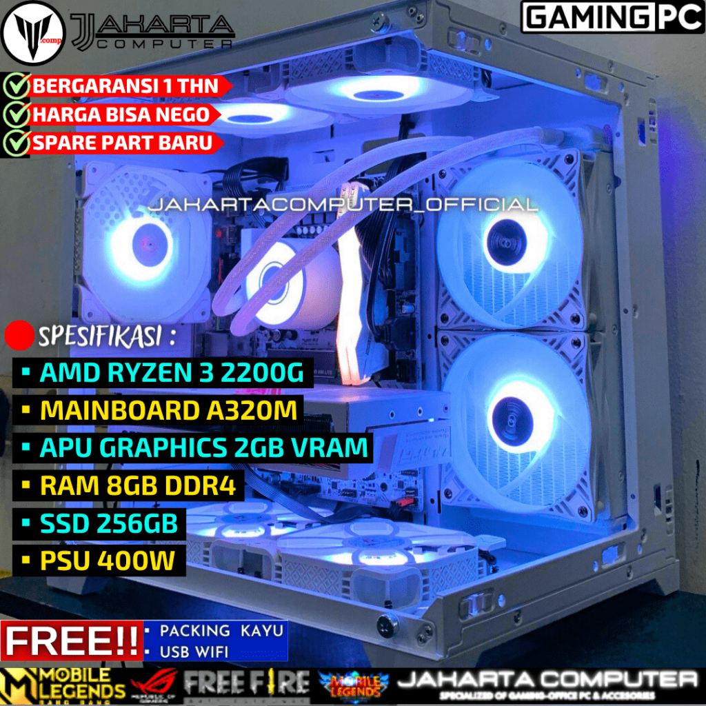 PC GAMING FULLSET RYZEN 3 2200G CPU RAKITAN SSD 256GB RAM 8GB DDR4 MONITOR 22 IPS SIAP PAKAI S27