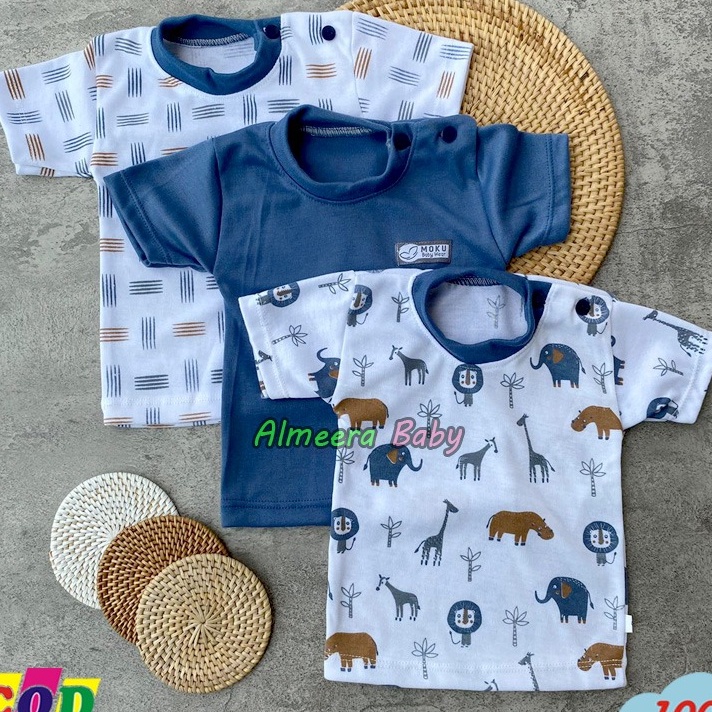 Flash Sale Ukuran S M L XL Isi 3 PCS Baju Bayi Lengan Pendek Kaos Oblong Kancing Pundak Series Biru 
