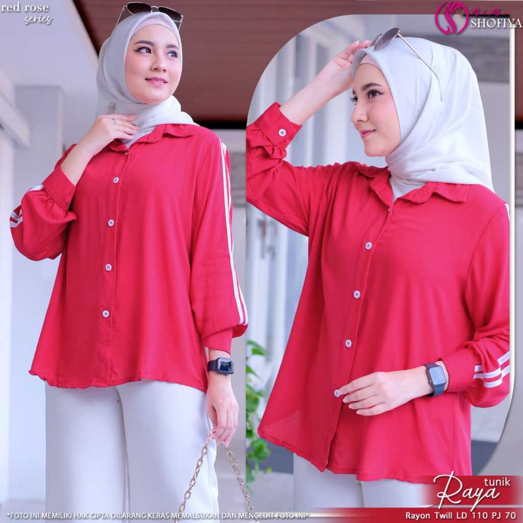 Raya baju tunik atasan kemeja tunic wanita jumbo ld 110 katun merah putih lengan panjang agustusan