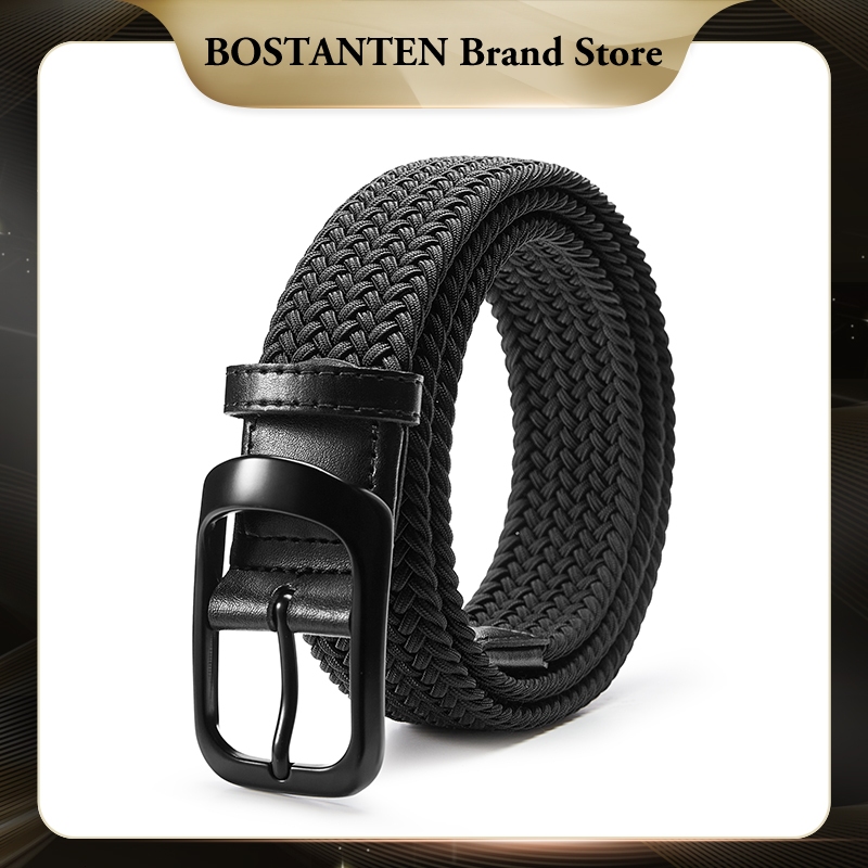 BOSTANTEN Sabuk Ikat Pinggang Pria Modis Sederhana Trendi Peregangan Jalinan Tanpa Lubang Hitam