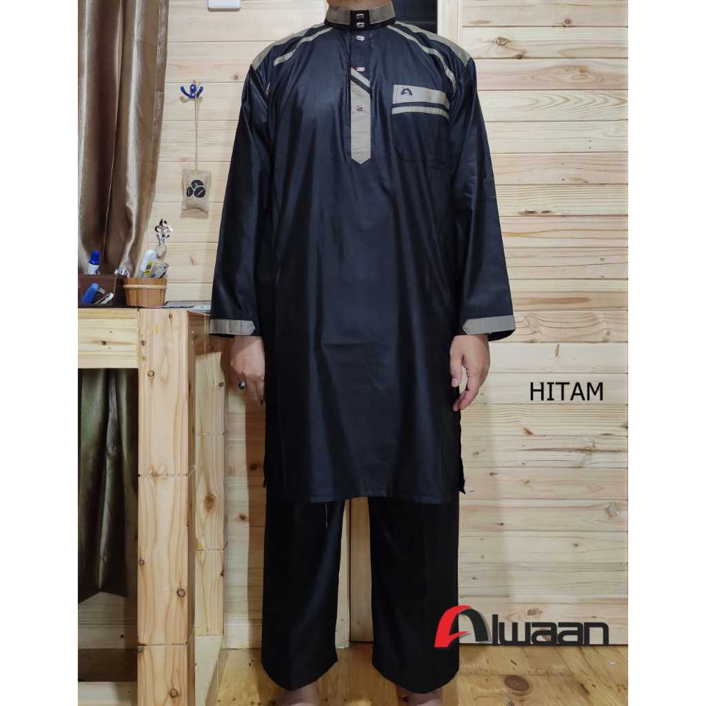Baju/pakaian muslim pria koko gamis stelan dewasa ALWAAN/ATTALWIN model SD018 warna HITAM/black