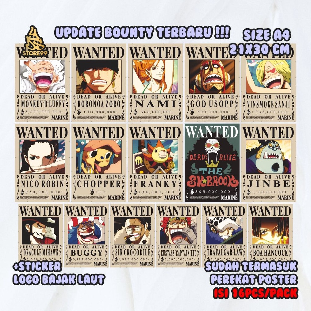 KODE R22G 16pcs Update  Poster Bounty One Piece Terbaru After Wanokuni
