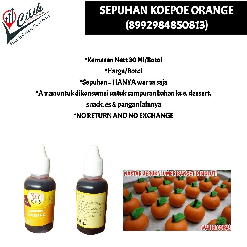 

sepuhan+color+cair+water+food grade+aman dikonsumsi+merk+koepoe+kupu+butterfly+warna+bahan+kue+adonan+roti+donat+makanan+masakan+cake+krim+buttercream+fondant+orange