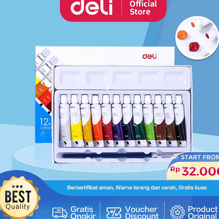 

Deli Water Color Paint Cat Air Set 5 ML Bersertifikat Aman Gratis Kuas 738XX KODE T9E3