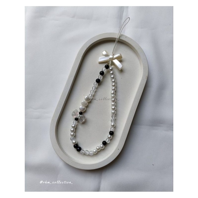 Strap Phone hitam putih strap phone pita strap phone mutiara Manik-manik Aksesoris HP Gantungan Kunc