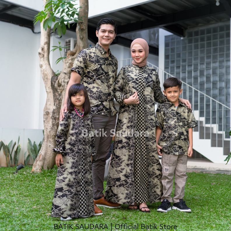KODE G3L6 Gamis Batik Set Keluarga Kemeja Pendek Motif Mega Mendung Batik Saudara