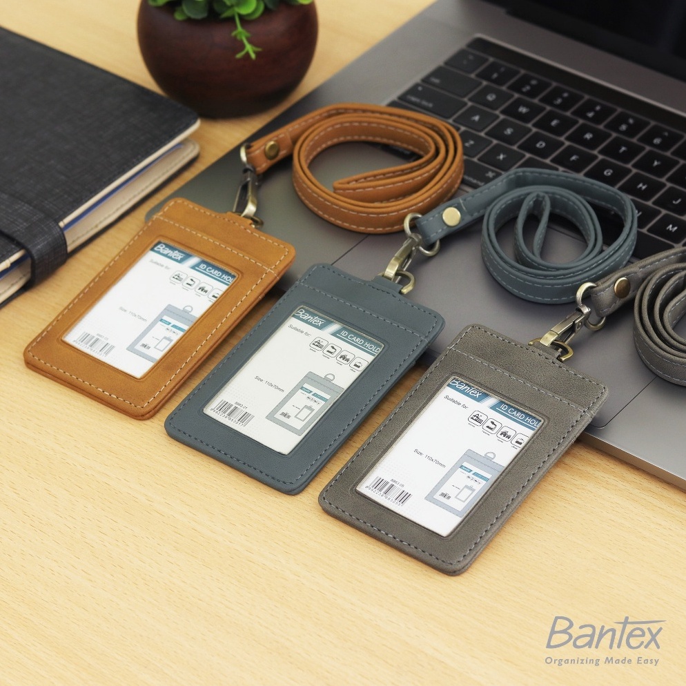 

KODE A7Z2 Bantex Leather Name Tag ID Card Holder Button 8883 Kulit Sintetis Lanyard Tali