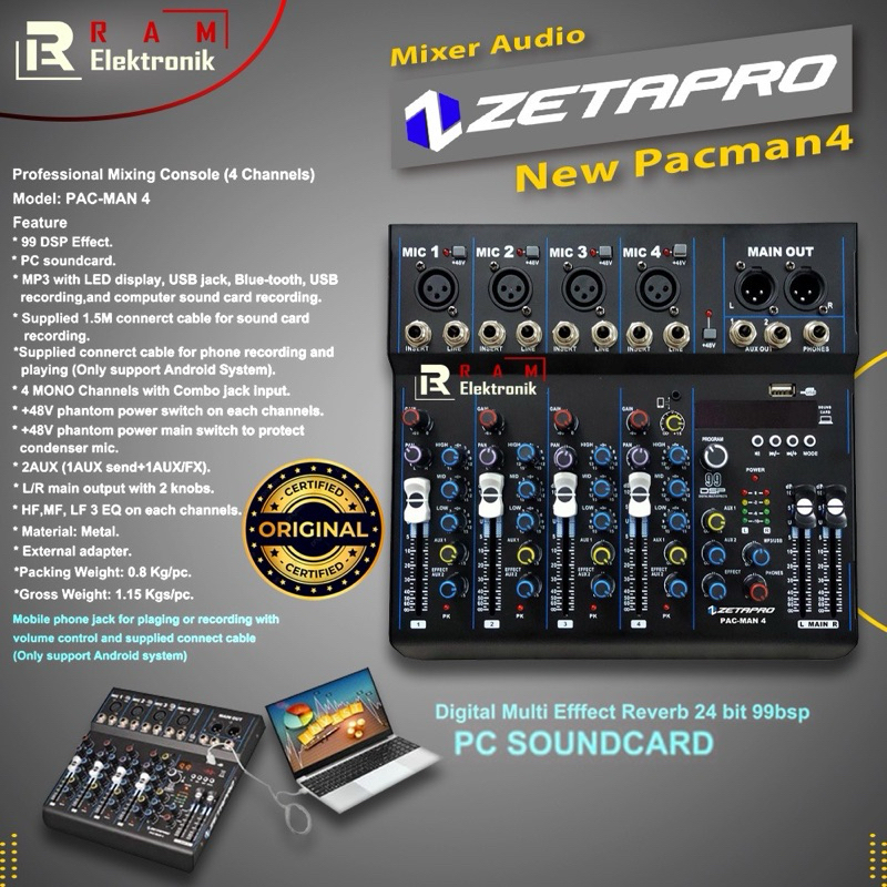 mixer zetapro 4ch mixer audio efek digital 99dsp mixer zetapro pac man 4