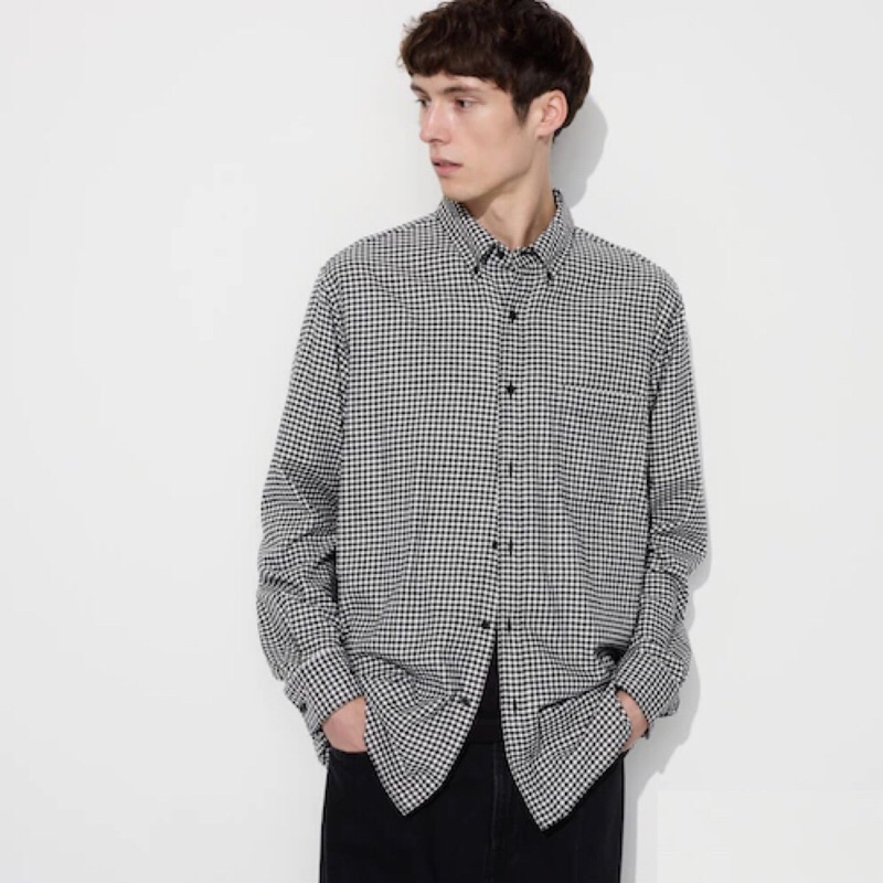 UNIQLO Men Shirt Kemeja Pria Flannel Kotak Lengan Panjang Flanel Black