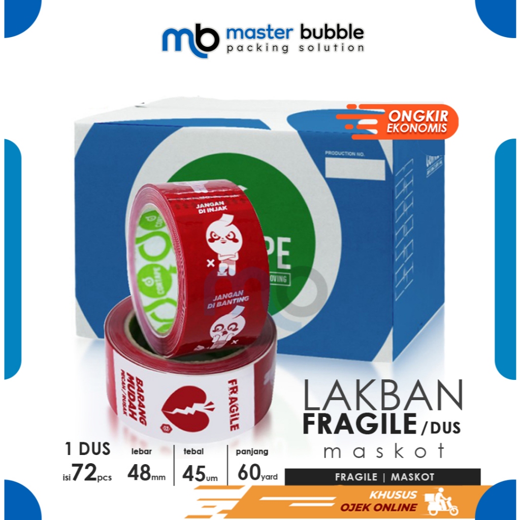 Lakban Fragile Maskot 2inch  48mm x 72yard Harga Perdus 72 Roll (Khusus Ojek Online)