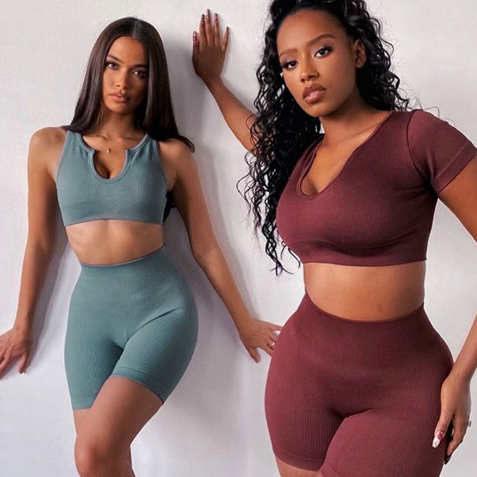 Setelan  Crop top set olahraga sport bra legging rib knit pakaian dalam yoga gym fitness baju luar c