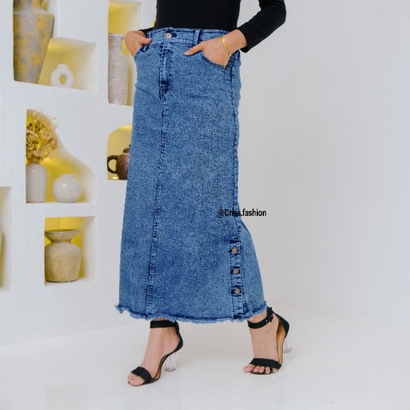 Rok Span Jeans Panjang Wanita Dewasa Kancing Belah Samping