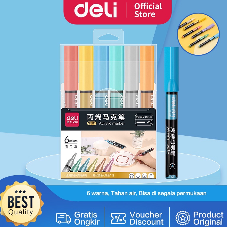 

KODE F9J8 Deli Acrylic Marker Spidol Akrilik Papan Tulis Kaca 6 Warna Pastel atau Metalik Anti Air S58X