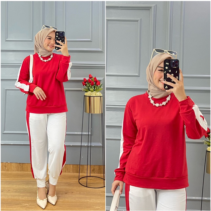 Setelan baju merah putih one set merah putih baju olahraga senam oversize