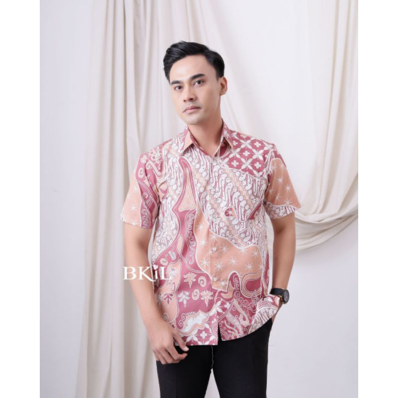 BKiL atasan kemeja hem batik pria cowok lengan pendek simple modern modis murah warna pink/navy/hija