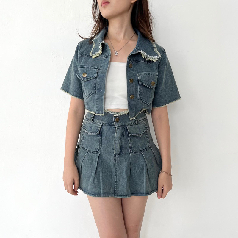 HANA DENIM SET Top + Skirt Oneset | souri.id | Set crop denim wanita korean rok mini flare / tennis 