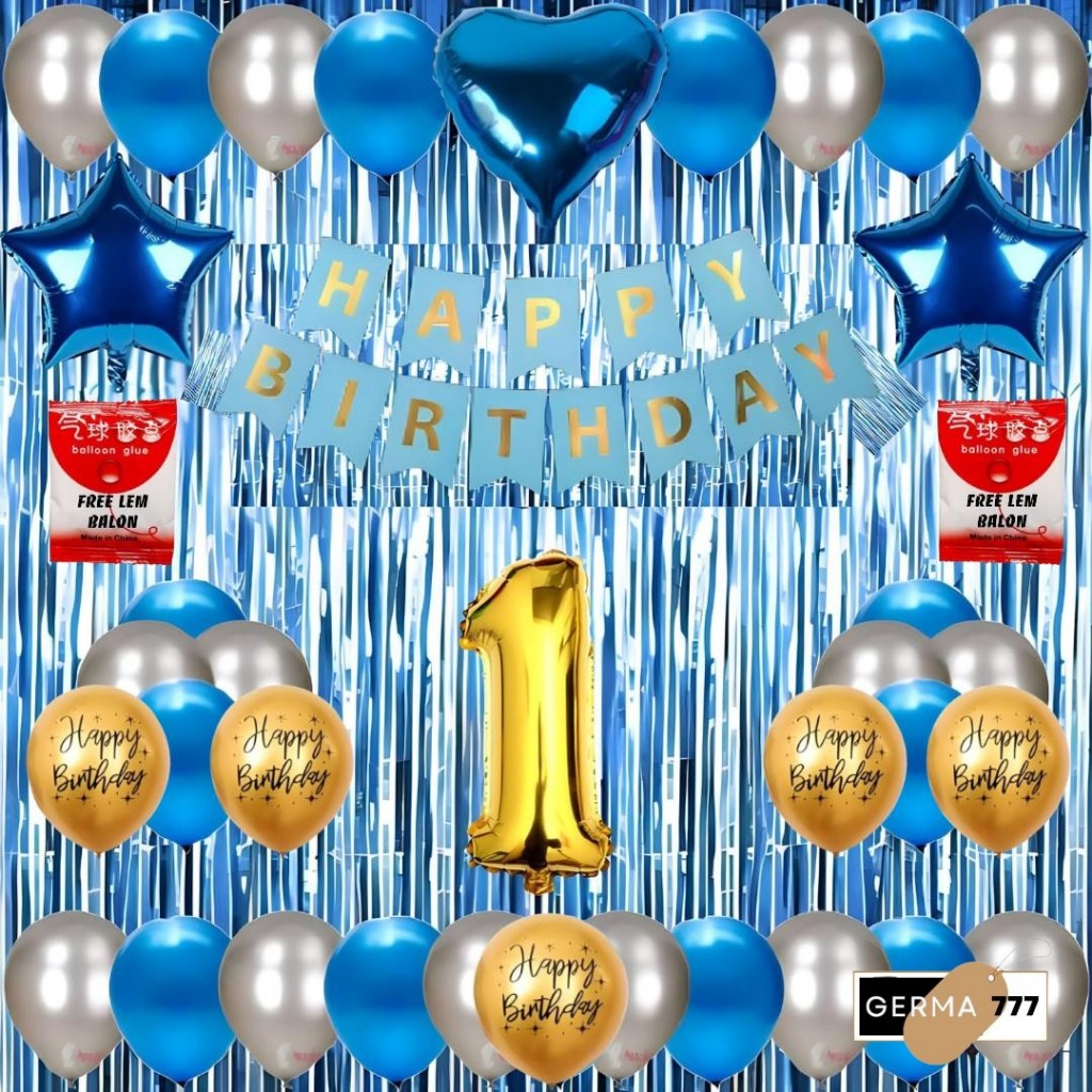 Set Dekorasi Pesta Ulang Tahun Anak Dewasa Balon Latex 25Pcs Banner Happy Birthday Biru Tirai 2x1m