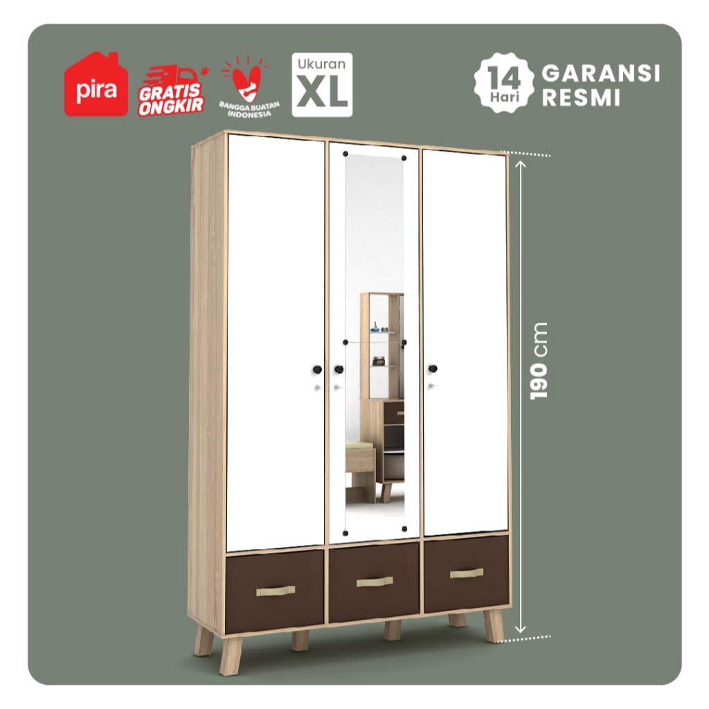 Pira Metropolis - Arnor WD3 Lemari Pakaian Kayu Terang Putih - Sonoma Oak - White