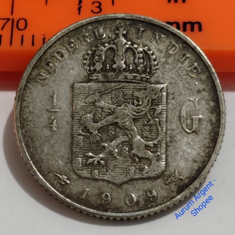 SKK.20-- 1 PC KOIN PERAK KUNO ASLI 1/4 GULDEN NEDERL INDIE TH 1909. -- SILVER COIN --
