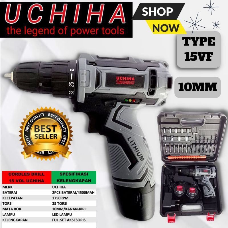UCHIHA 15VF bor listrik mesin bor baterai tangan cordless drill battery bor tanpa kabel bor lithium-