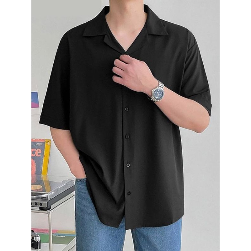 Kemeja Vintage Katun Rayon Lengan Pendek Polos Pria Casual Terbaru lembut Jumbo M L XL XXL