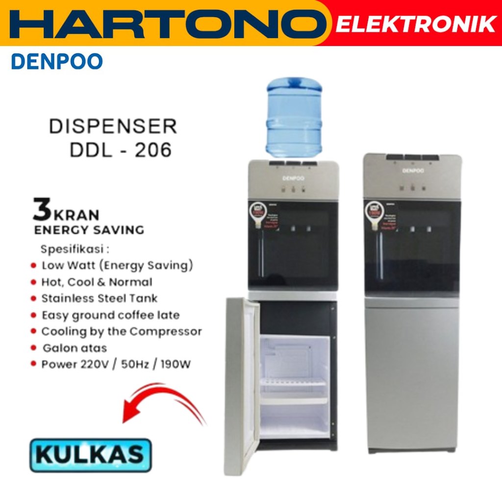 Denpoo Dispenser Galon Atas Dan Kulkas Bagian Bawah-- DDL 206