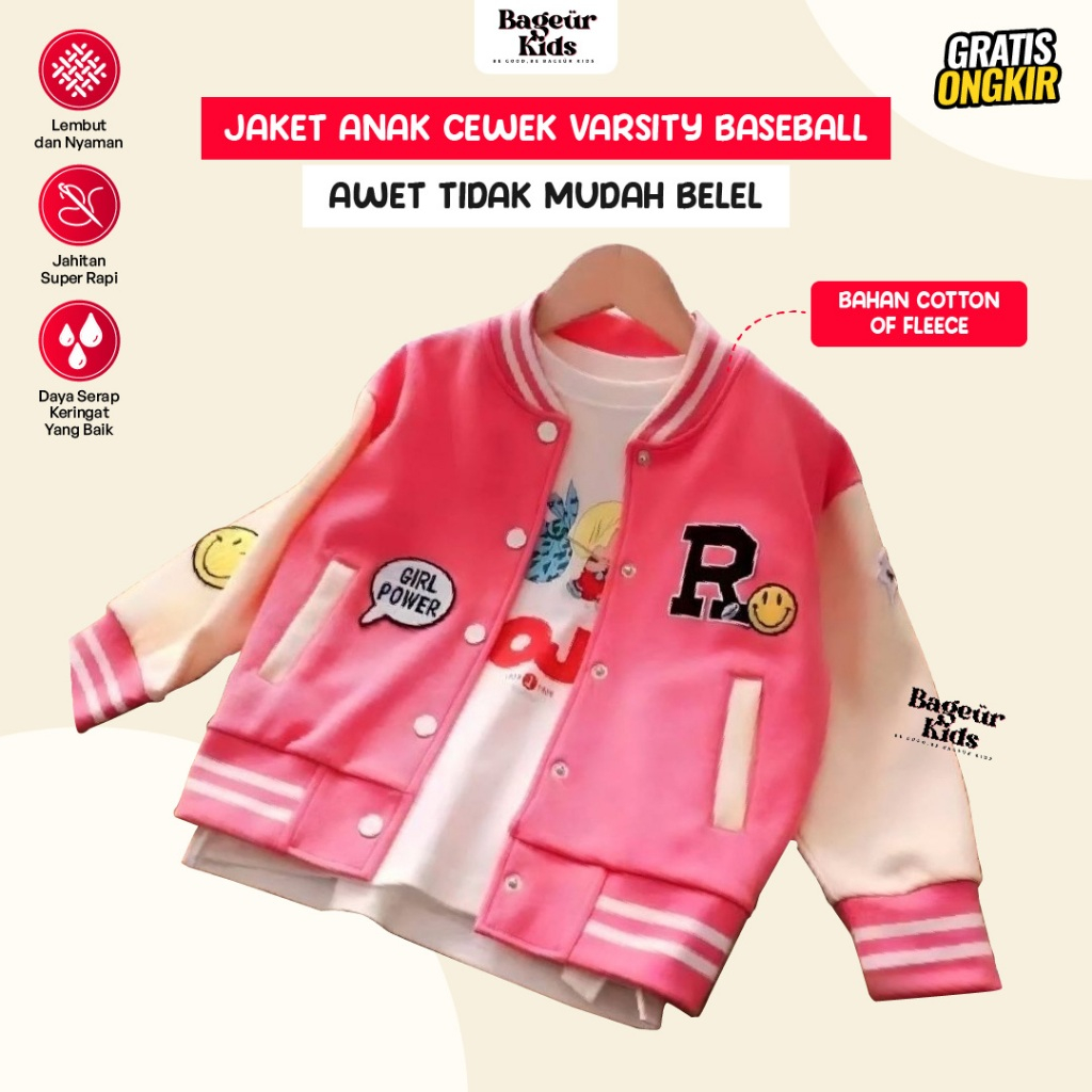 Jaket Varsity Baseball Anak Perempuan Unisex 4 - 8 Tahun Warna Grey Pink Lilac By Bageurkids