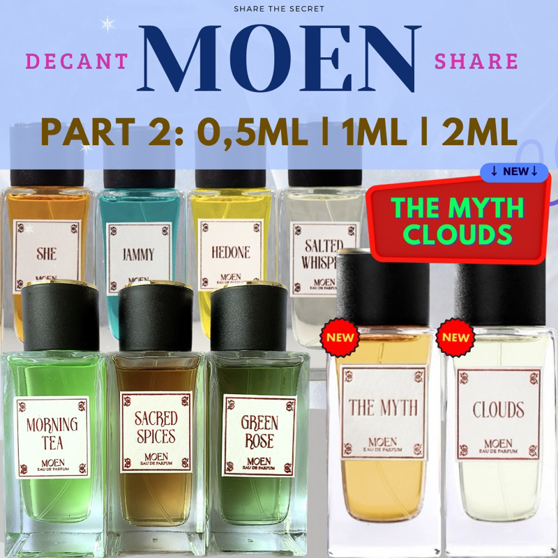 FREE GIFT DECANT SHARE MOEN PARFUME 0,5ml 1ml 2ml CLOUDS THE MYTH GREEN ROSE SACRED SPICES JAMMY SHE