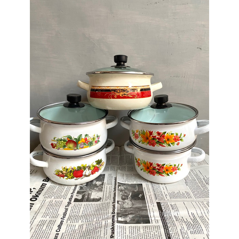 OBRAL BS panci enamel 16cm 18cm masak sayur merah putih blirik lurik tutup kaca