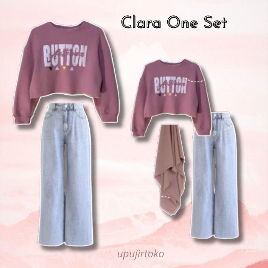 Clara One Set | Sweater Bahan Fleece dan Celana Jeans Kulot | One Set Wanita Kekinian | Set Wanita T