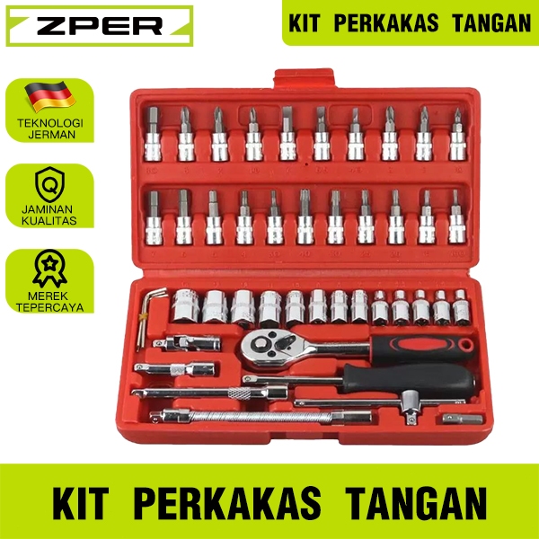 ZPER Kit perkakas tangan Kunci Socket Wrench Pas Socket Set 1/4 Repair Tool 46 pcs ZP025