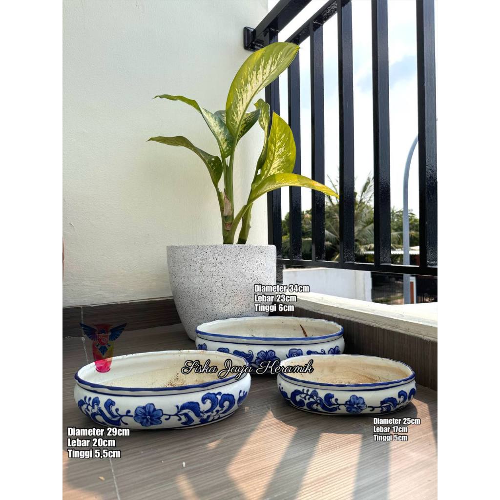 pajangan hiasan pot tanam bonsai set 3 motif bunga biru putih porselen keramik import
