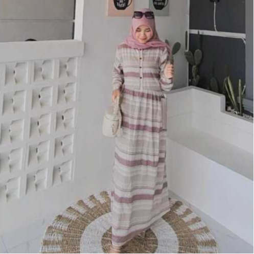 Gamis Motif Salur Katun Yarn Dyed Premium || Dress Katun || Gamis Wanita katun Yarn Dyed Premium