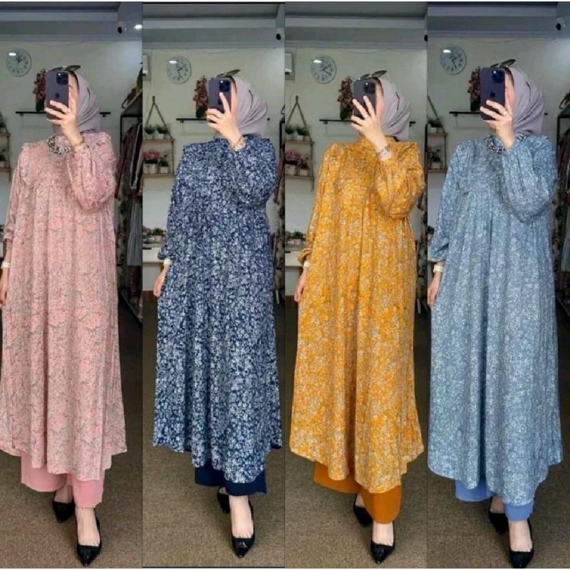 NEW SET LONG ALMIRA TERLARIS SETELAN TUNIK WANITA MOTIF BUNGA KECIL PREMIUM SET OOTD MUSLIMAH KEKINI