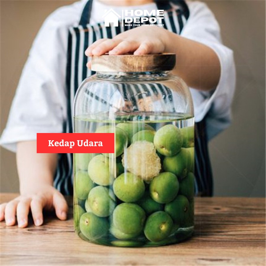 Toples Kaca Kedap Udara Besar Tutup Kayu Unik Fermentasi Asinan
