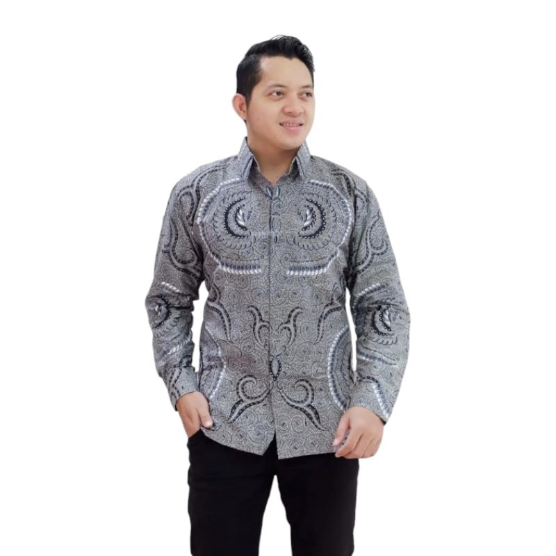 BATIK PRIA ABU-ABU GREY KEMEJA LENGAN PANJANG COWOK BATIK PRIA BATIK MODERN ATASAN BATIK BAJU BATIK 