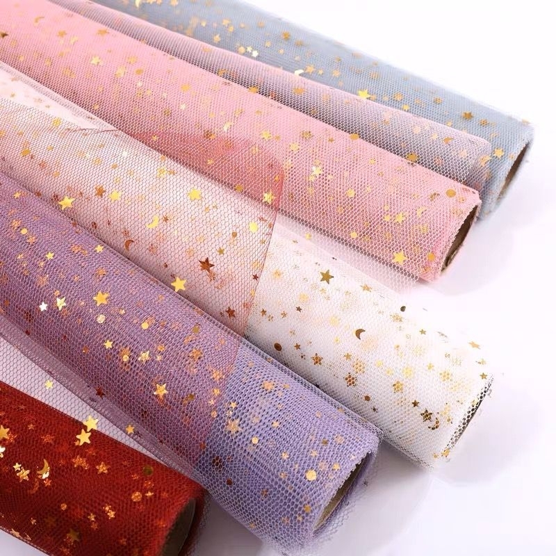 

(1 Roll) Mesh Gold Glitter Kertas Buket Korean Flower Wrapping Papper Tile Jaring Star Bintang Bulan
