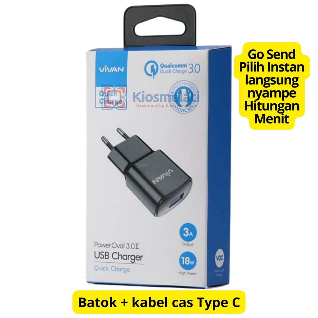 Charger Original VIVAN Fast Charging Power Oval 3C Casan Tipe C + kabel Output 3Amper Power Super 30